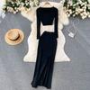 Light Familiar Style Two-Piece Suit Women's Summer Short Long-Sleeved T-Shirt Top High Waist Slim Slit Bag Hip Long Skirt