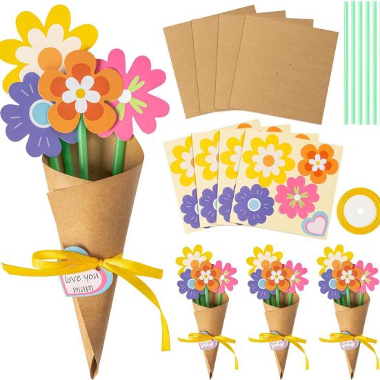 24Pcs/Set Mother Day Flower Bouquet Craft Kit DIY Greeting Card Set Kraft