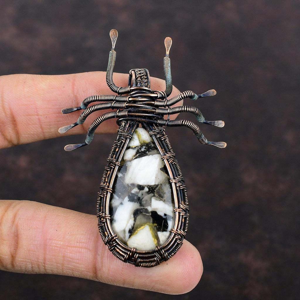 Медный кулон Черный и Белый Бирюзовый Медный кулон с обмоткой из проволоки Драгоценный камень Кулон Паук Медные украшения для подарка Дизайнерский кулон ручной работы
