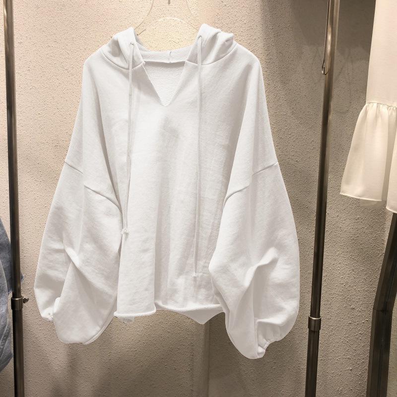 Модная хлопковая толстовка женская с капюшоном на весну и осень, новые тонкие свободные однотонные топы в корейском стиле с V-образным вырезом для студентов