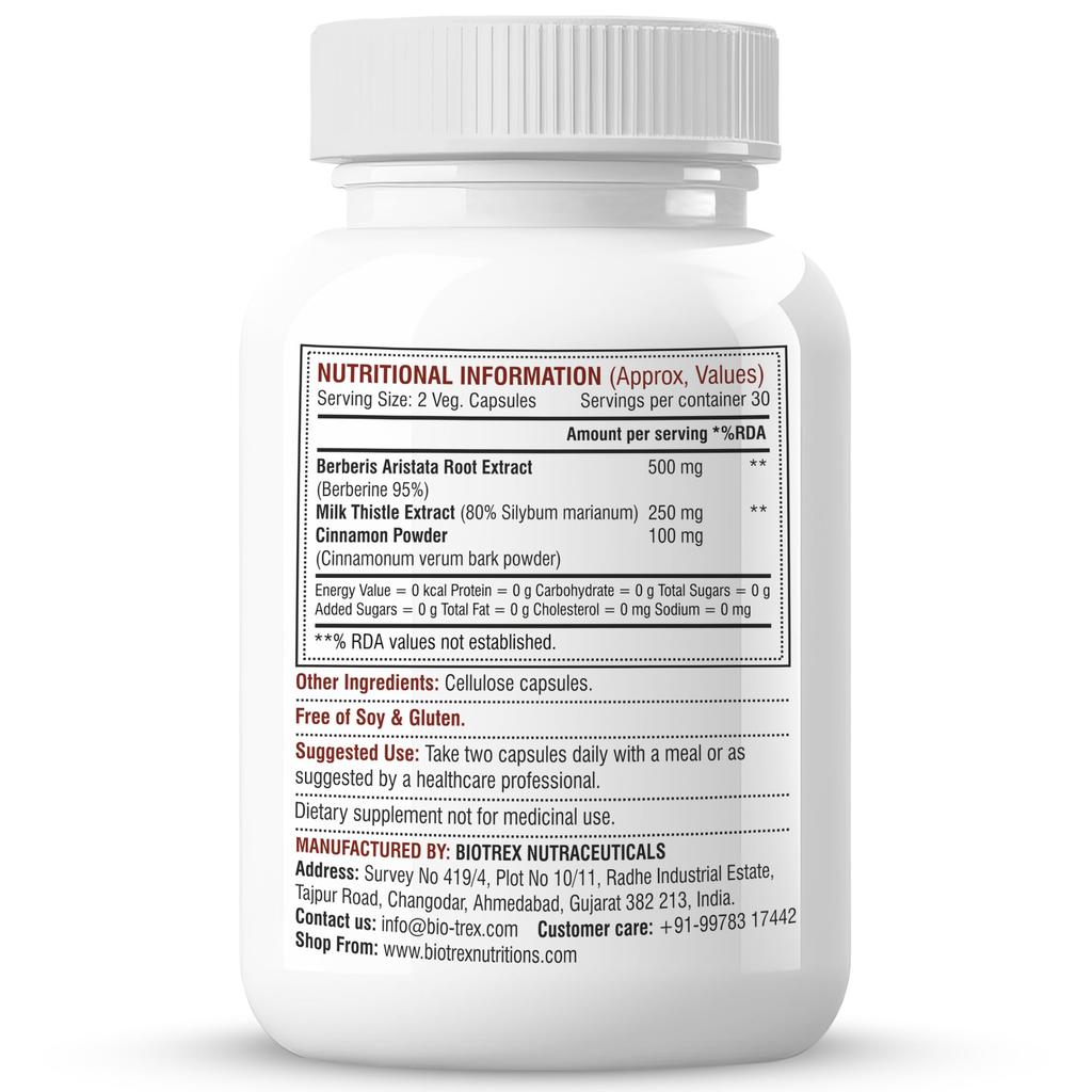 Biotrex Nutraceuticals Берберин HCL 850 мг | Высокая чистота 95% | С расторопшей и корицей | Поддержание здорового уровня глюкозы | Поддержка метаболизма