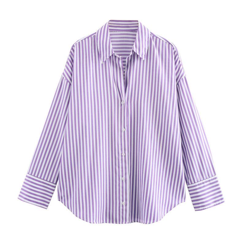 Spring Autumn Women's Striped Collar Shirts Long Sleeve Button-up Loose Female Blouses Tops