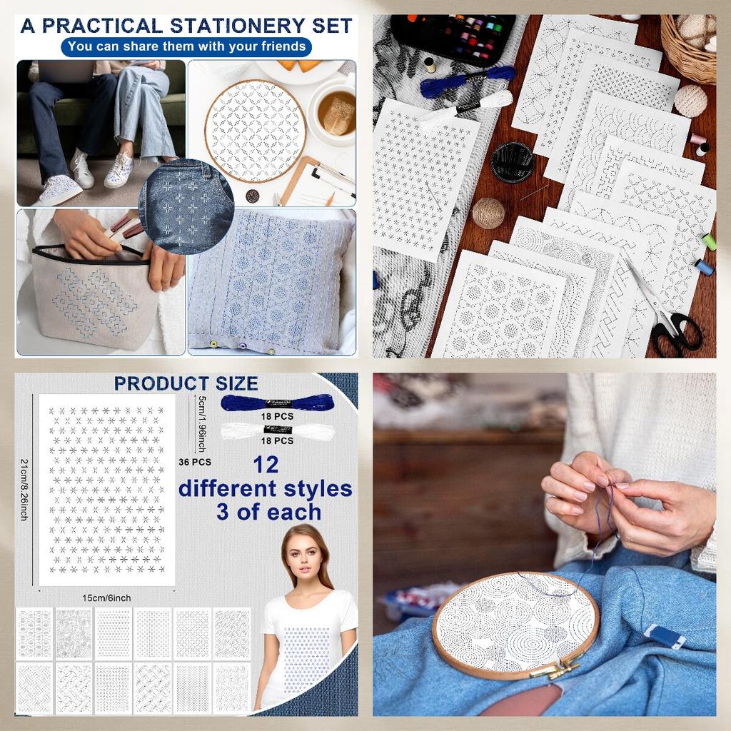 108pcs Sashiko Embroidery Pattern Set Stabilizers Water Soluble Embroidery Transfer Stencils Stabilizers Embroidery Paper Stick