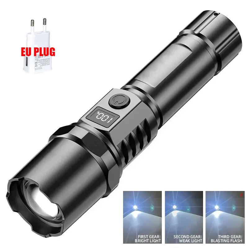 Portable High Power Led Flashlight Rechargeable Retractable Flashlight Digital Zoom Usb Hand Light For Camping Outdoor Emerge
