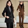 2024 Женский Высококлассный Хаки Шерстяной Костюмный Набор - Маленькие Брюки Палаццо и Пиджак на Весну/Осень