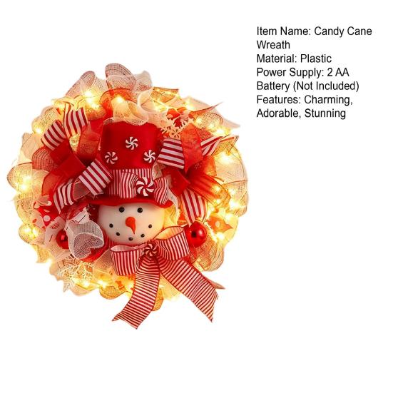 Рождественский венок «Снеговик» для входной двери, светящийся, красно-синий, из сетчатой ленты, венок «Леденец» с куклой-снеговиком для зимнего домашнего настенного декора