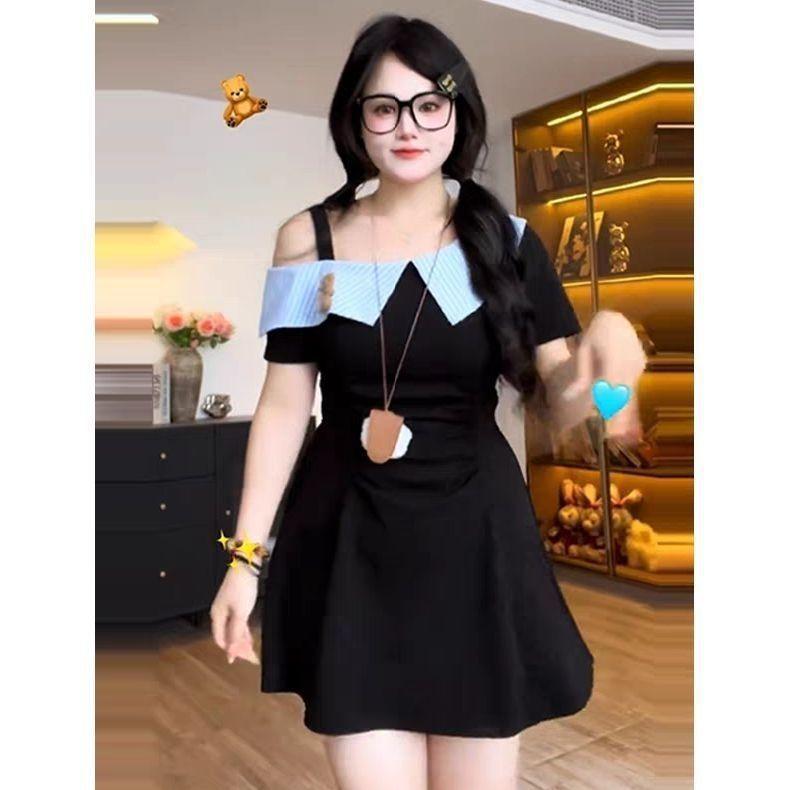 Large size French temperament dress summer short sleeves fat mm thin waist lapel off shoulder high-end skirt