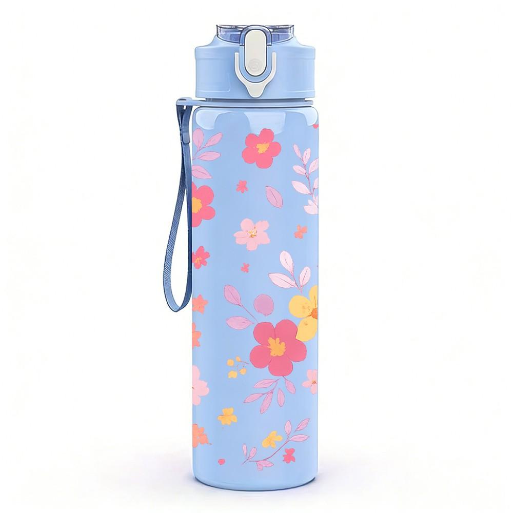 1PC Pastel Pink Floral 750ml Color Plastic Sports Water Bottle Leakproof Flip Straw Lid Suitable for Sports Office Home Use