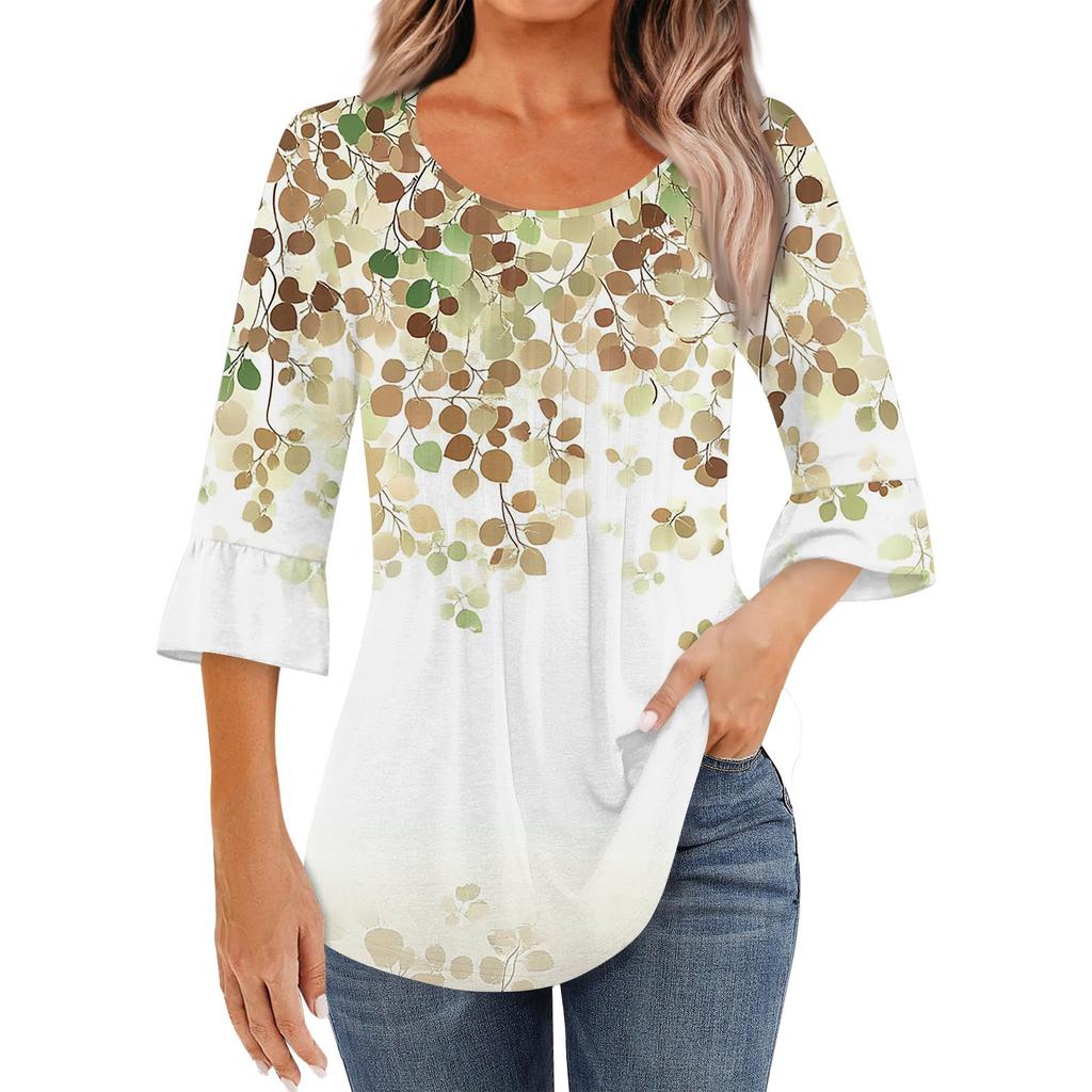 Женская модная повседневная плиссированная футболка с круглым вырезом и цветочным принтом, рукав три четверти