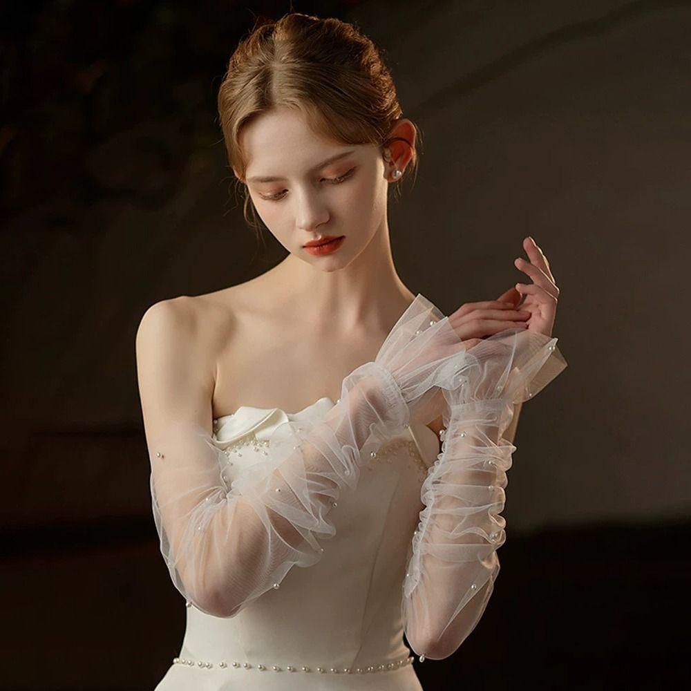 Белые Длинные Свадебные Перчатки Универсальные Складчатые Тюлевые Жемчужные Наручи Свадьба, Конкурс Красоты, Выпускной