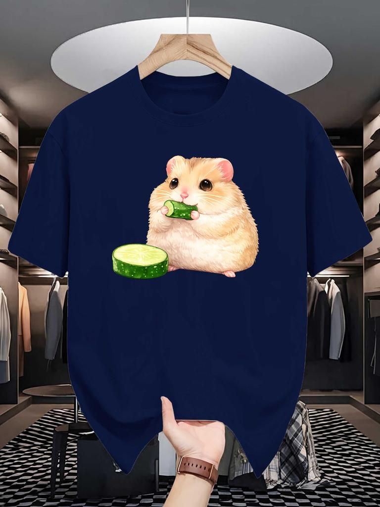 Unisex Cotton Tee Lovely Fluffy Hamster Eating Cucumber Graphic Print Loose Breathable Summer Crew Neck Casual Street T Shirt Unisex
