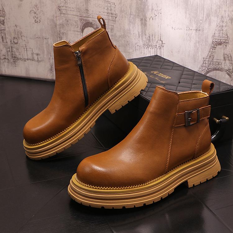 Men's Chelsea Leather Slip-On Boots - High-Top, British Style, with Inner Height Increase and Martin Boot Warmth.
