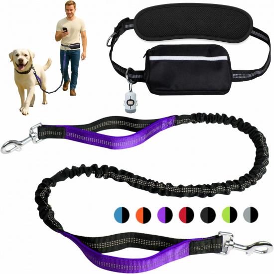 Hands-Free Dog Leash for Dogs up to 130 lbs – Heavy-Duty, Shock-Absorbing Bungee Leash with Zipper Pouch, Dual Padded Handles & Adjustable Waist