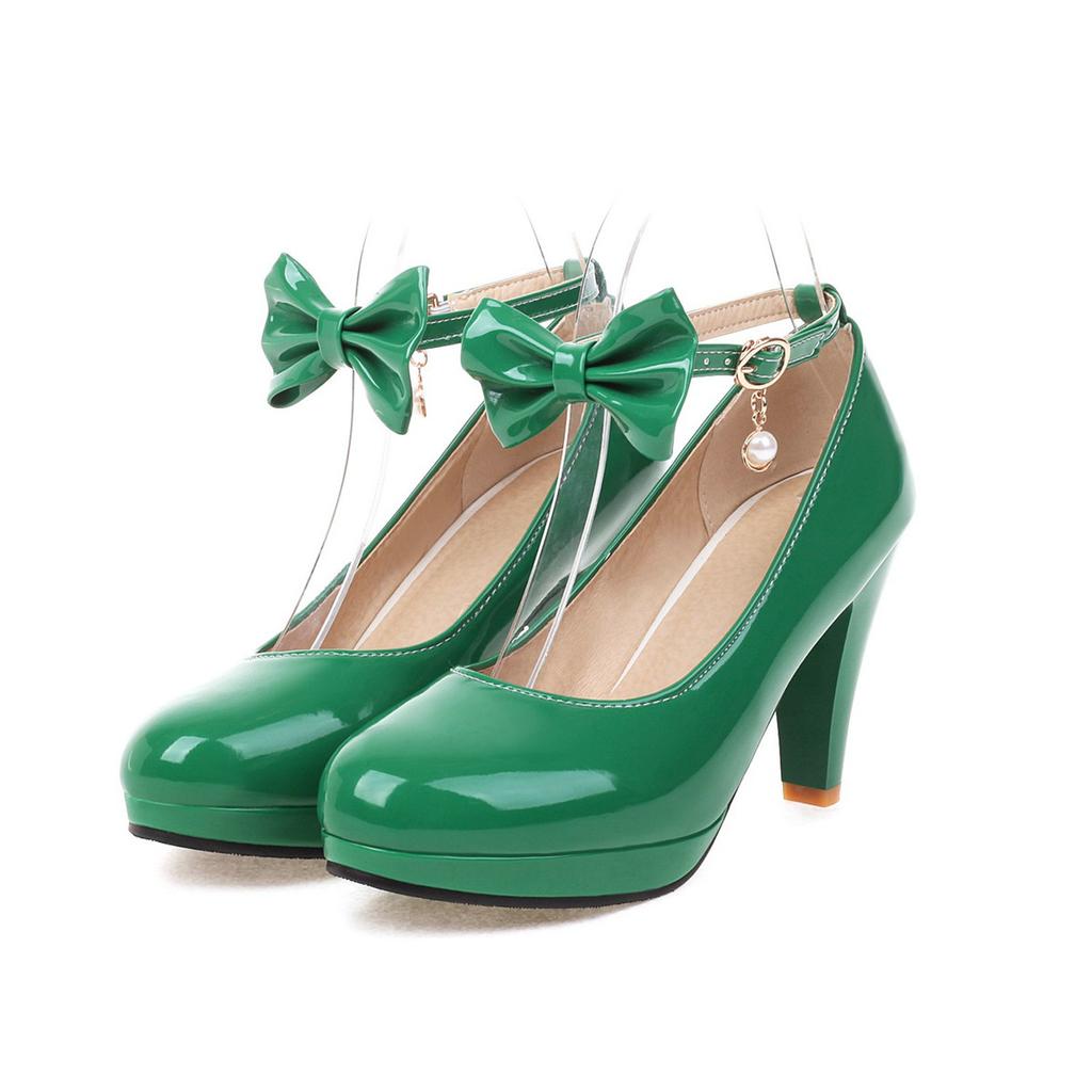Women Ankle Strap Spike High Heels Bow Platform Round Toe Pumps Glossy Patent Leather Summer Autumn Sweet Lolita Shoes
