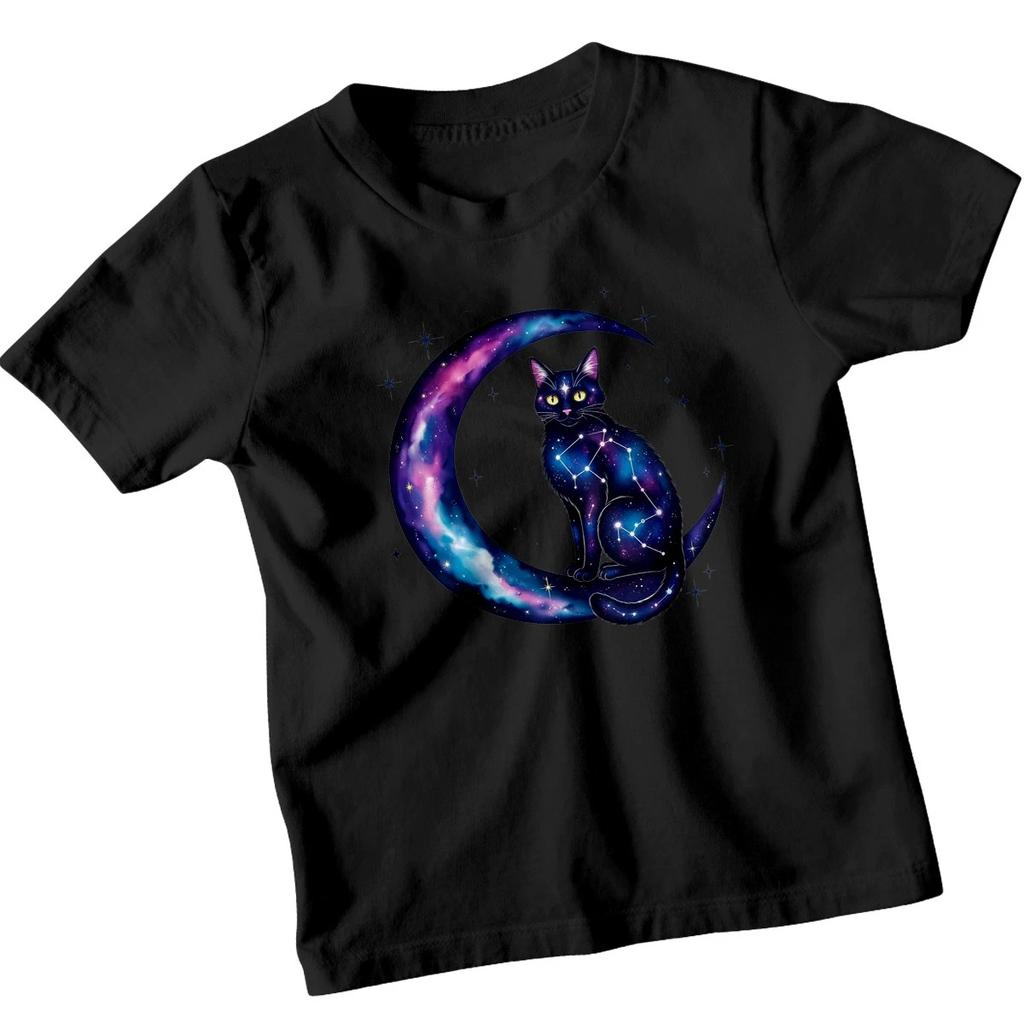 Kids Cat & Moon T-Shirt Boys Girls Magical Stars Space Gift Galaxy Cosmic Tee