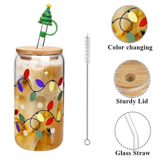 Color Changing Christmas Glass Cup with Lid Straw Brush Reusable Glass Iced Coffee Cup