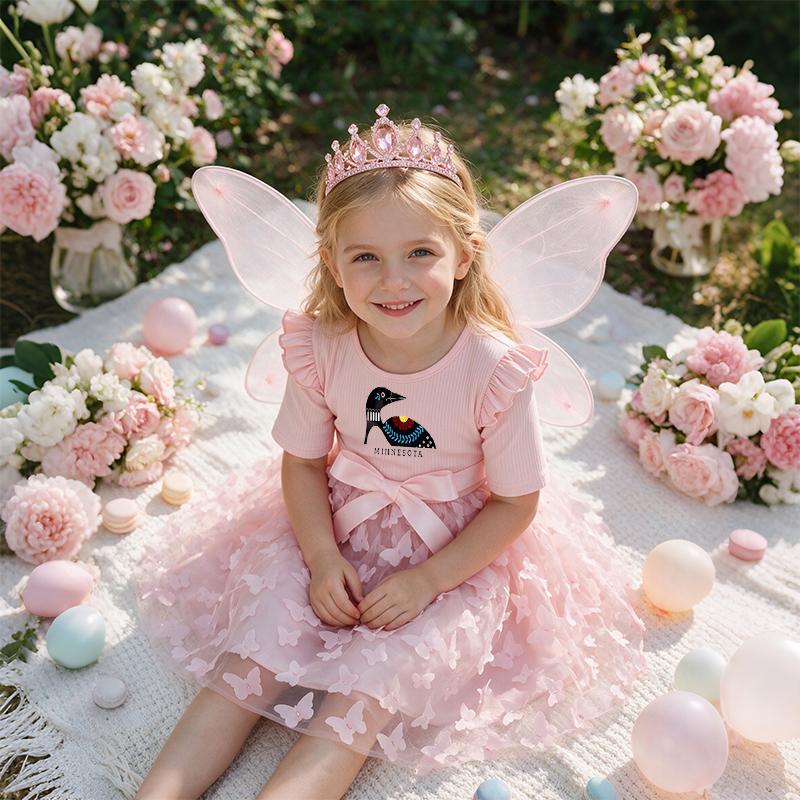 Girls Butterfly Tulle Dress, Dazhou Printing,Cute Princess Party Dress with Bow, Short Sleeve Summer Dress for Little Girls