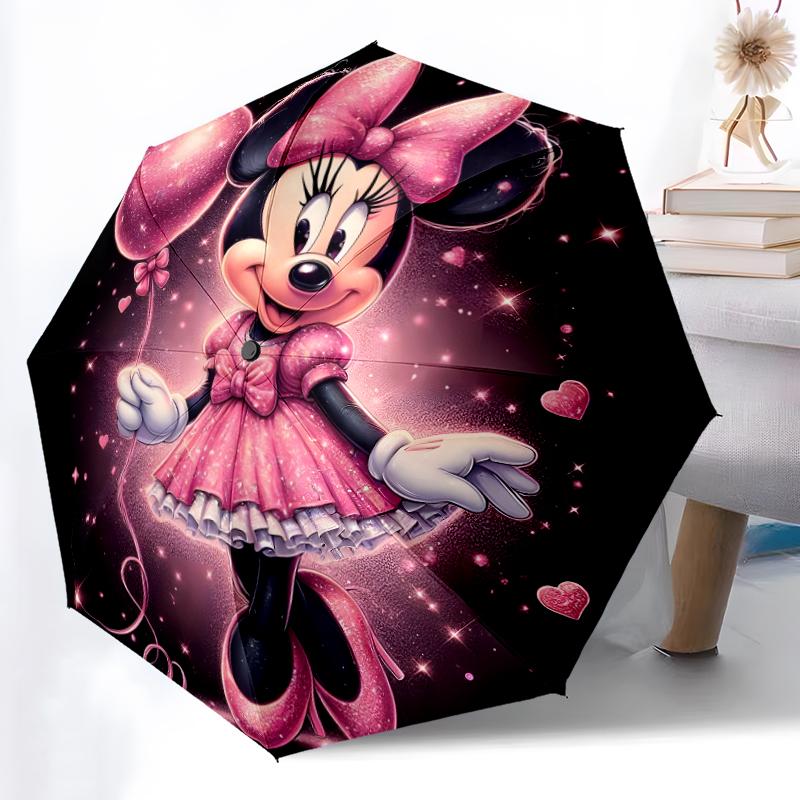 1pc Sturdy 8-Bone Auto Umbrella, Minnie Mouse Pink Sparkle Floral Umbrella, Digital Printed, Foldable Umbrella for On-the-Go Outdoor Use