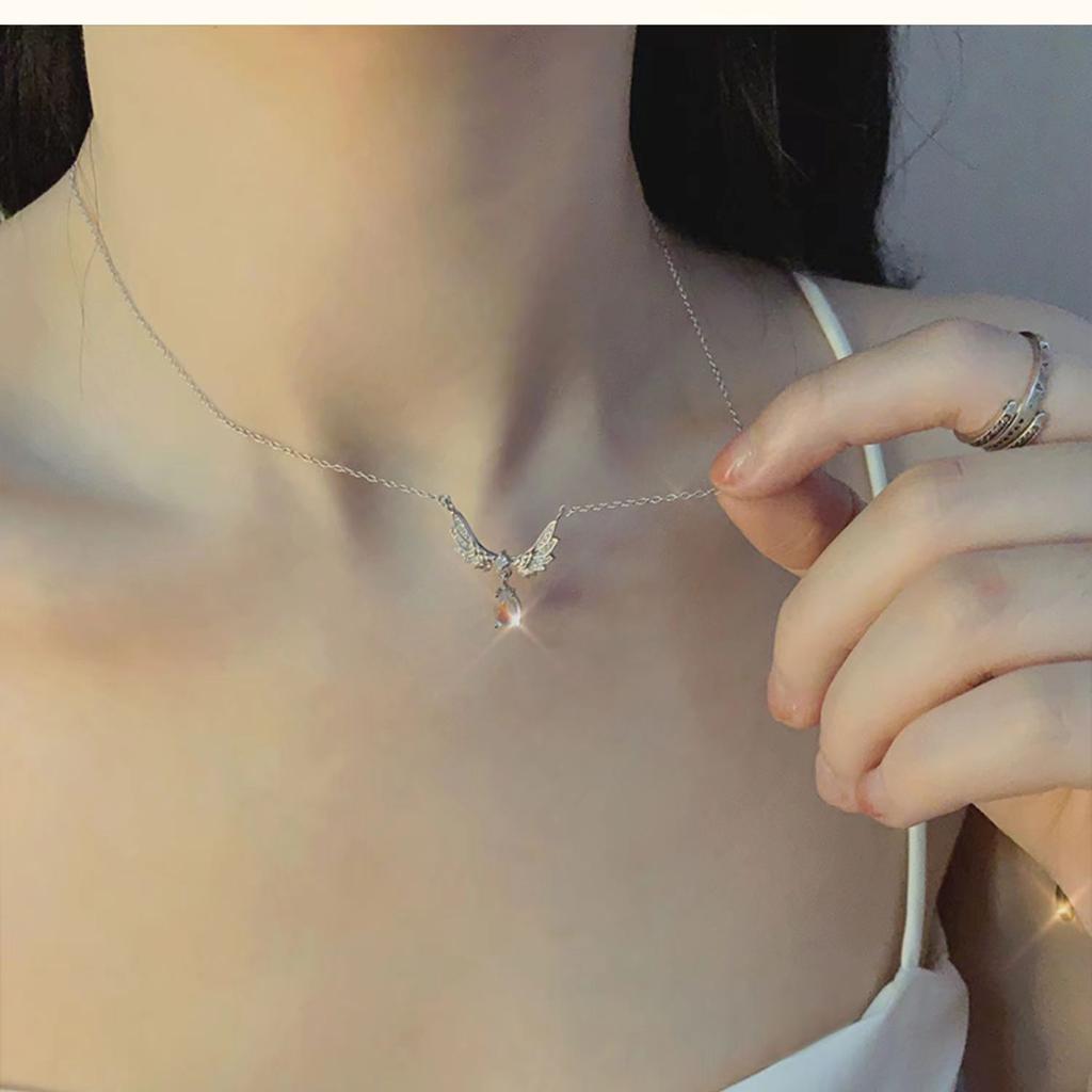 Moonstone Angel Wings Drop Love Necklace for Women Light Luxury Niche Design Fashion