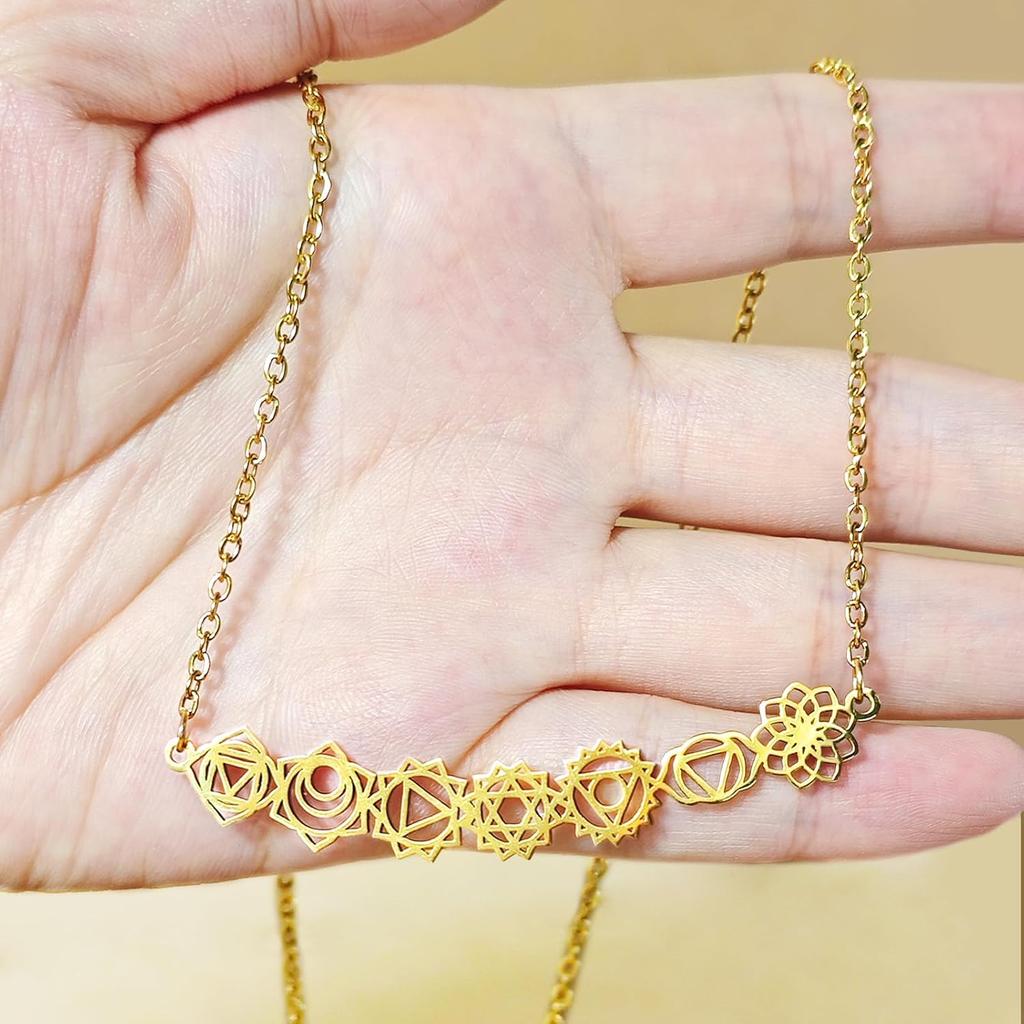 Gold 7 Chakra Necklace for Women Long Pendant Yoga Jewelry Fashion Accessories Adjustable Chain Spiritual Necklace Y-shaped Jewelry Gift for Women