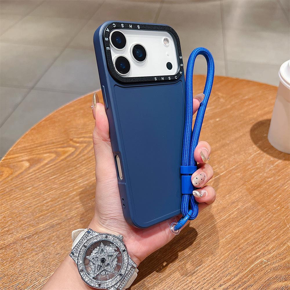 For iPhone 17 Pro Case Black Lens Frame Shockproof TPU PC Phone Back Cover with Wrist Strap