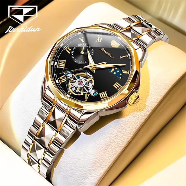 JSDUN Couple Watch Men and Women Automatic Mechanical Wristwatches Luxury Skeleton Stainless Steel Waterproof Lover's Moon Watch