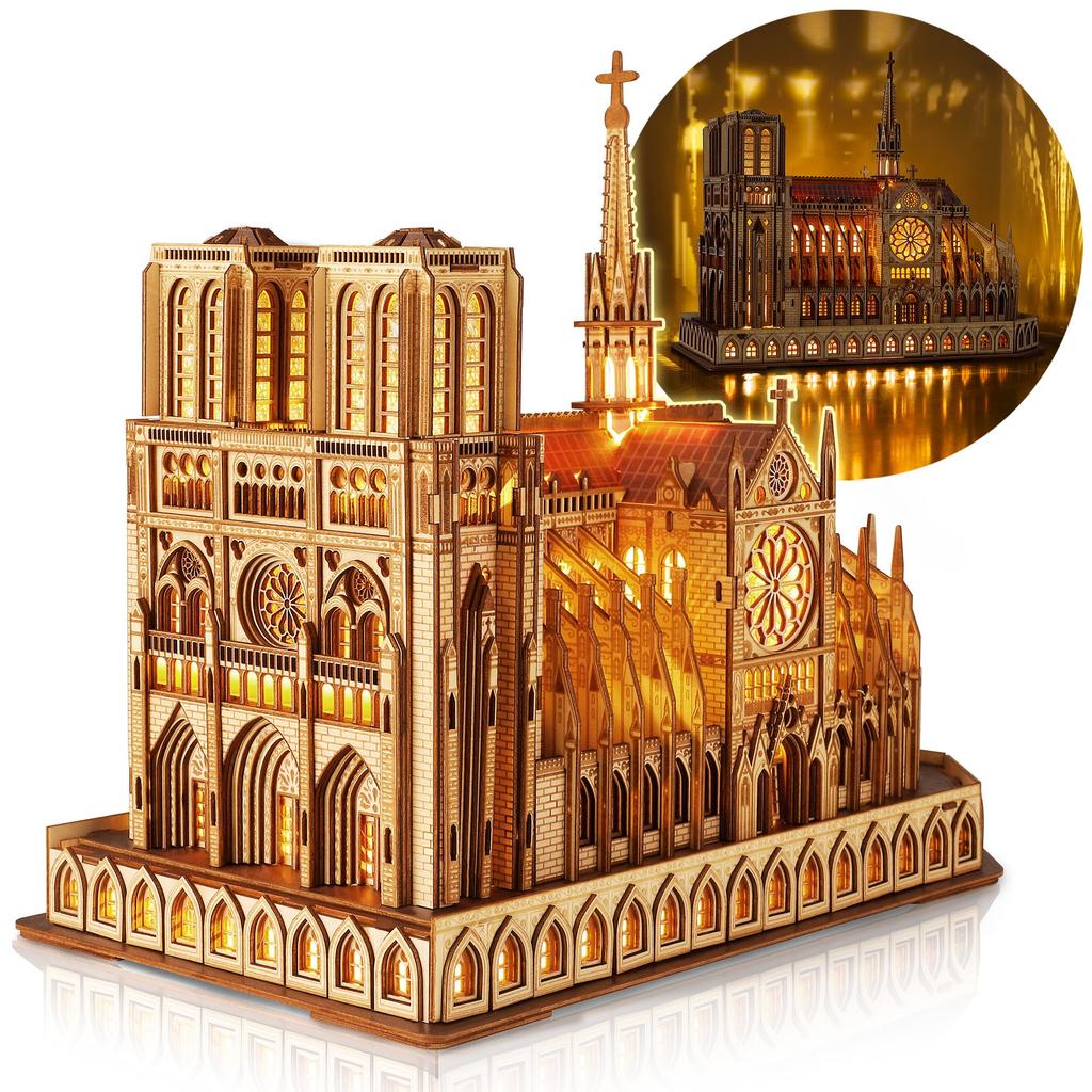 FUNPOLA LED 3D Puzzle, Wooden Puzzle, Assembly Kit, 3D Puzzle, Notre Dame Cathedral Architectural Model, LED Lighted Edition, DIY Craft Kit, Building