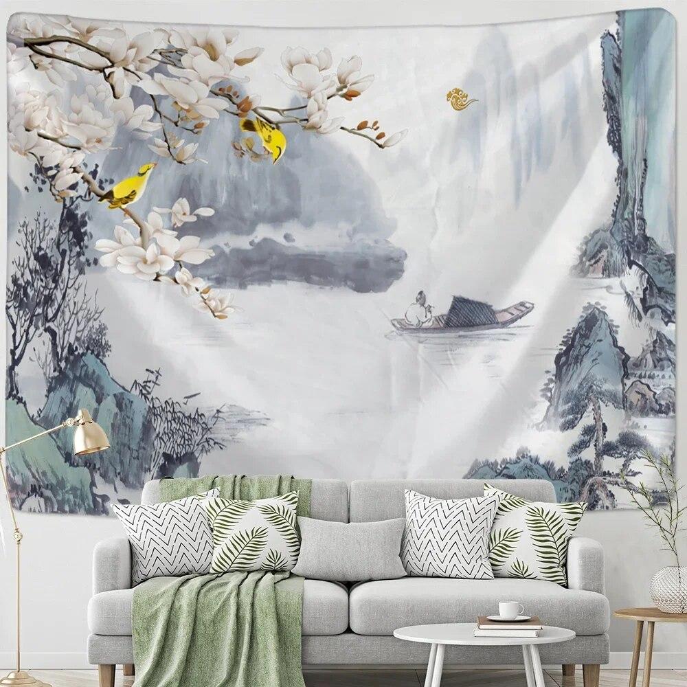 Chinese Lotus Tapestry Wall Hanging Psychedelic Hippie Bohemian Style Art Painting Bedroom Living Room Home Decor