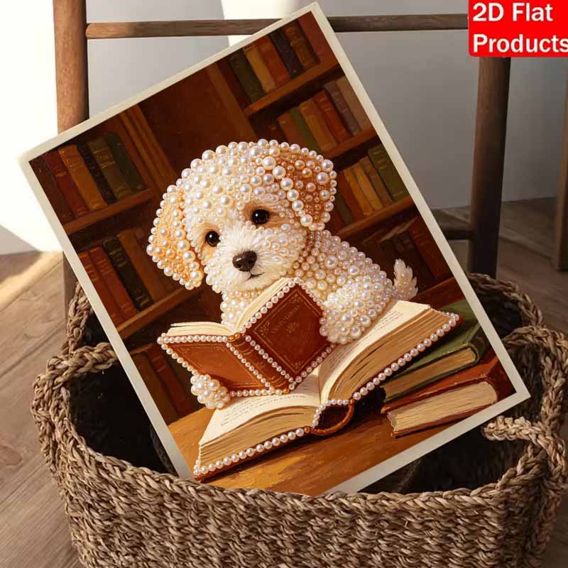 This pearl painting kit features a cute puppy reading a book 5D pearls and a mosaic art style. designed for home wall decoration.