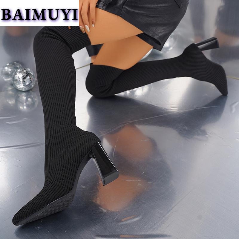 Вязаные женские сапоги-носки выше колена с острым носком на высоком каблуке 2025 года, сексуальные массивные дизайнерские сапоги-лодочки Chelsea Snow