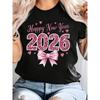 Happy New Year 2026 New Year Text T-shirt with Letter Printing Round Neck Casual Fashion New Year Women's T-shirt