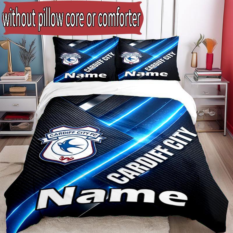 3pcs Duvet Cover Set (1*Duvet Cover + 2*Pillowcase, Without Core), Custom Name Cardiff City FC Pattern Bedding Set, Home Bedroom Decor Gift