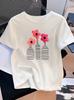 Unisexs Casual Elegant White Tshirt Floral And Striped Bottle Graphic Print Crew Neck Short Sleeve Vintage Style Comfortable