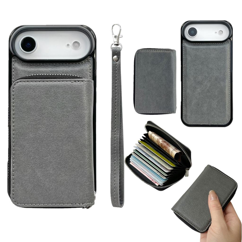 For iPhone Air Case Detachable Zipper Card Bag PU TPU Kickstand Phone Case with Strap