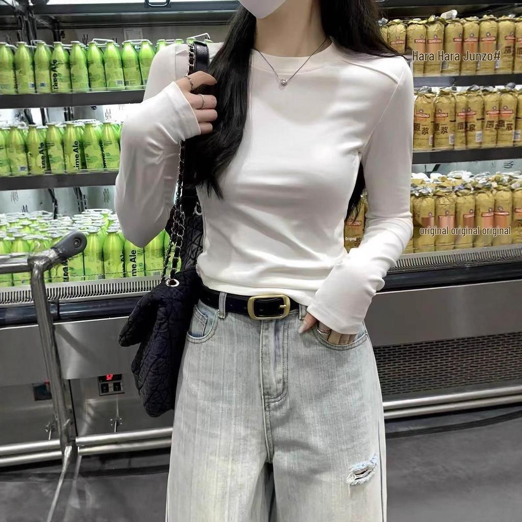 Женский топ с круглым вырезом, осенний, 2025, с косточками на плечах, приталенный, с длинным рукавом