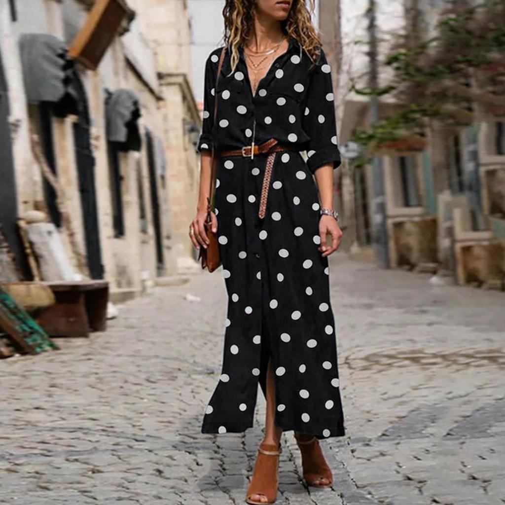 Women's Fashion Casual Polka Dot Print Lapel Long Sleeves Single-breasted Stitching Loose Waist Hem Split Chiffon Dress