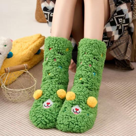1 Pair Women Socks Cartoon Pattern Thickened Warm Knitting Socks Non-Slip Plush Pilling Resistant Floor Socks