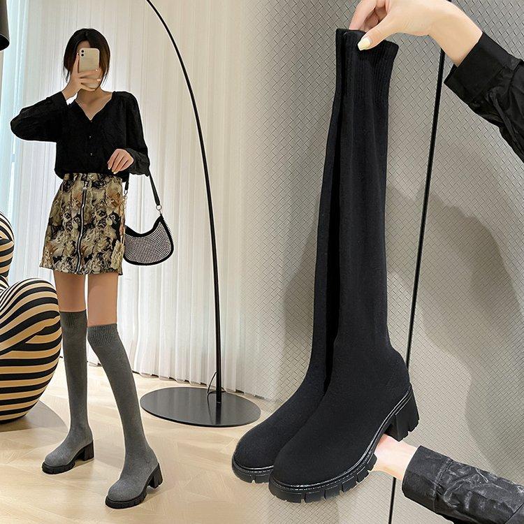 Женская обувь на платформе. Сапоги выше колена. Женские сексуальные сапоги до бедра. Женская осенне-зимняя обувь. Женские повседневные ботинки-носки из эластичной ткани, черные