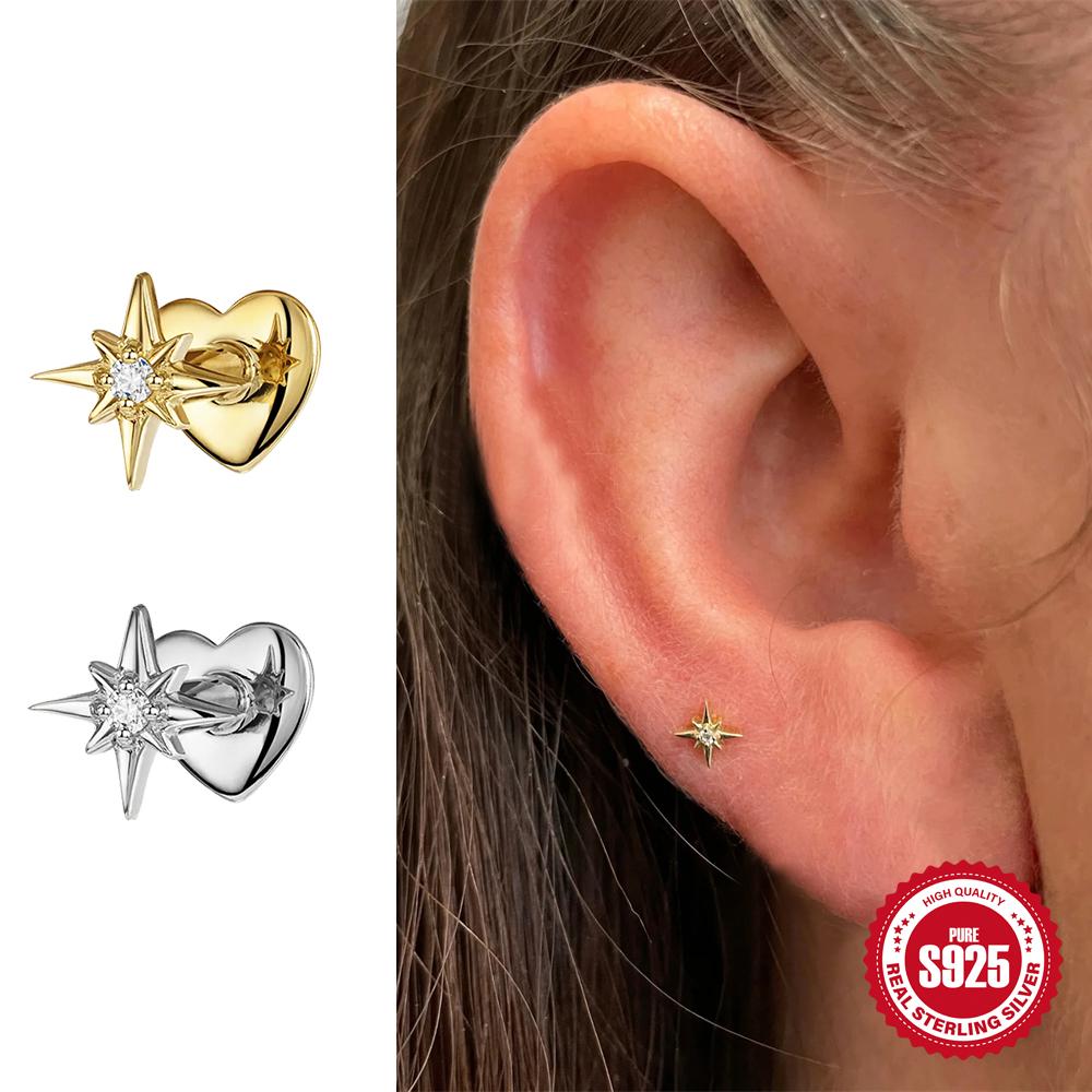 925 Sterling Silver Zircon Stud Earrings 1PC Eight pointed star Women 18K Gold/Silver Heart Flat back piercing Jewelry Gift