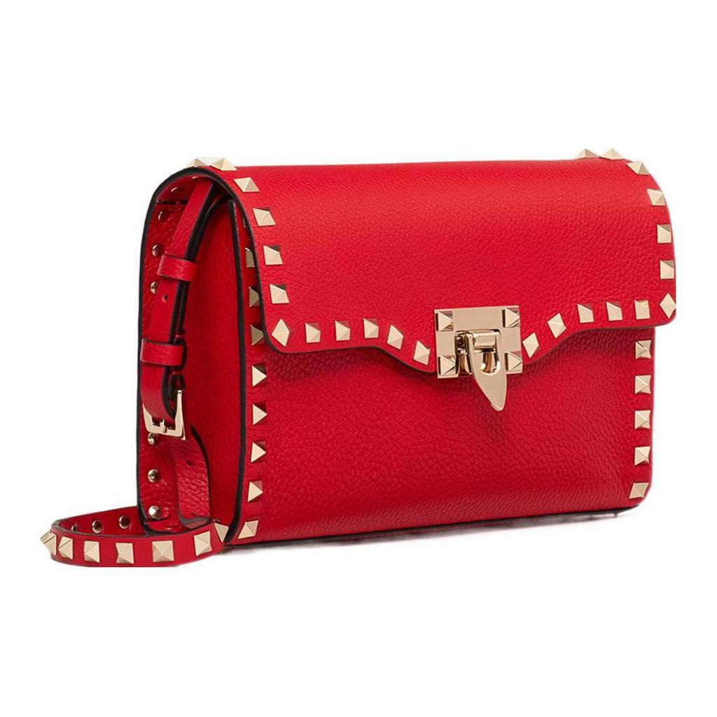 Valentino Rockstud Studded Edge Hook Closure Calfskin Messenger Bag Women Shoulder Bag Red VW2B0181VSFJU5