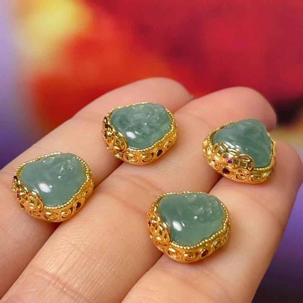 5Pcs, Natural Stone Bluewater Jadeite Pendant with Golden-Edged Accents, Fashion Pi Xiu Charms for Men Women, for DIY Necklace, Jewelry Making 12x12mm