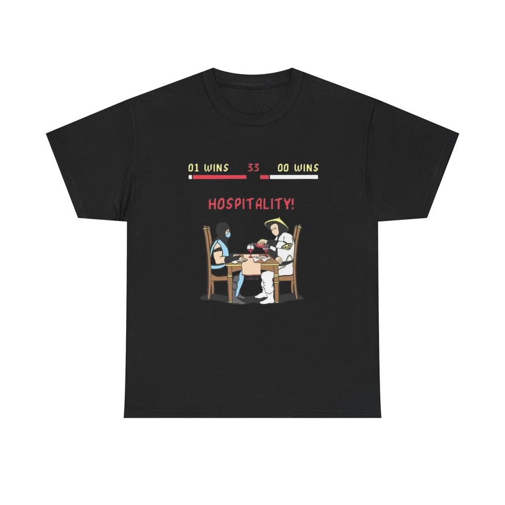 MK Hospitality arcade scoreboard T-Shirt | Retro gamer dinner scene