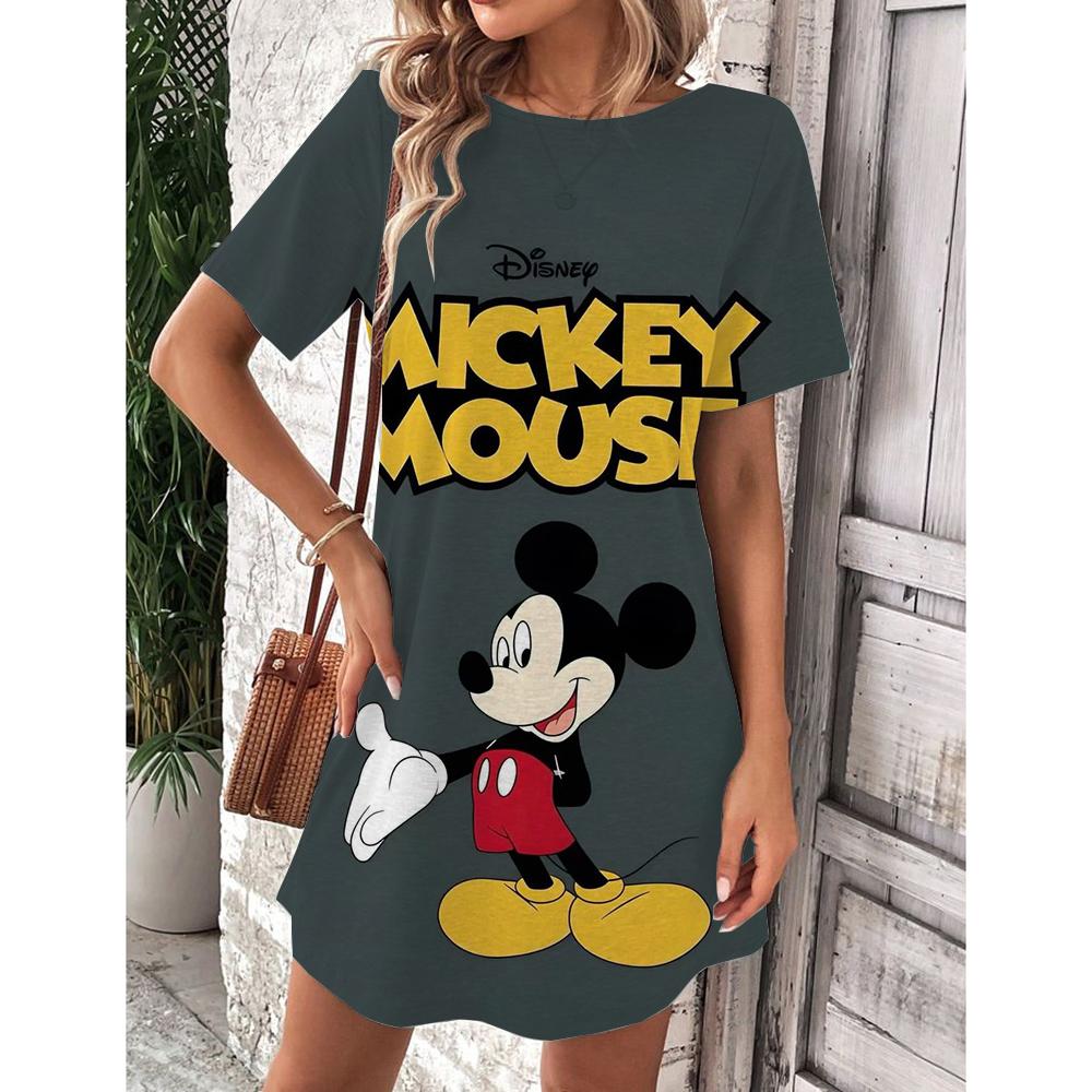 Женское летнее платье Disney Микки Маус Весна Круглый вырез Короткий рукав Свободная талия Платье с оборками