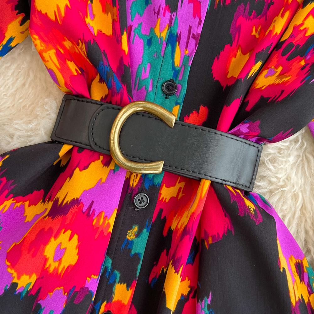 Новое осеннее модное женское платье с цветочным принтом, однобортное однобортное трапециевидное платье с отложным воротником и длинными рукавами, винтажные вечерние платья миди