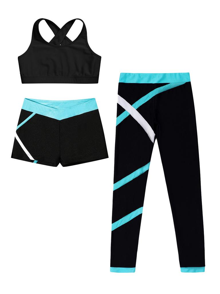 Kids 3 Piece Dance Outfit Tracksuit Girls Cross Nack Tank Sport Bra with Yoga Pants Leggings Ballet Shorts Set