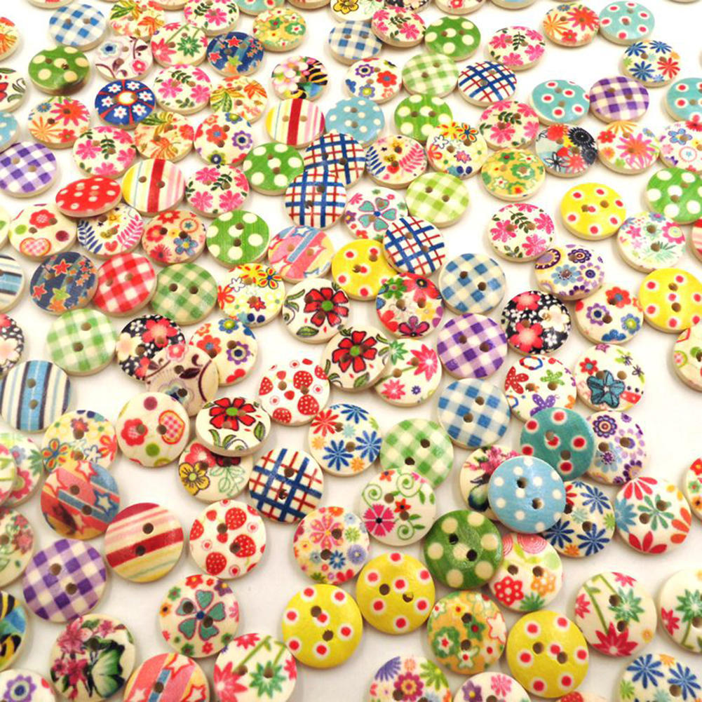 100pcs 15mm Mixed Round Pattern 2 Holes Wood Buttons Sewing