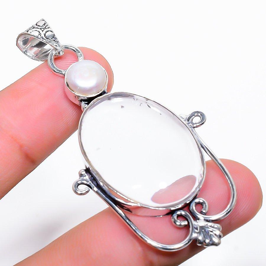 White Topaz, Pearl Gemstone Handmade 925 Sterling Silver Jewelry Pendant 2.36"