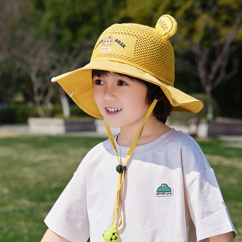 Kids Summer UV Protection Sun Hat Boys Girls Cartoon Mesh Breathable Wide Brim Fisherman Cap for Outdoor Shade