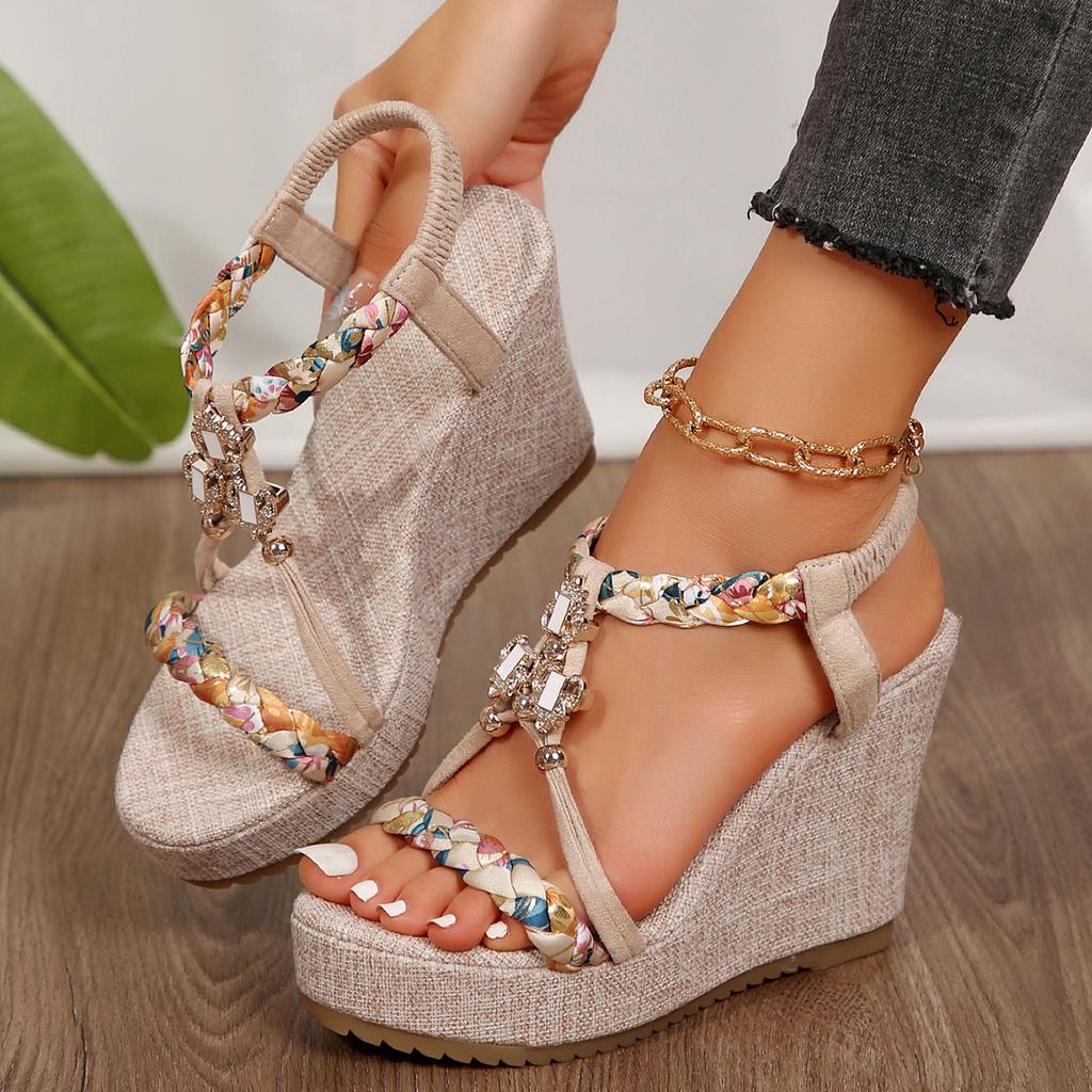 Fashion Metal Decor Wedge Sandals for Women Summer 2024 Braided Band Platform Gladiator Sandals Woman Thick Bottom Beach Sandalias Mujer