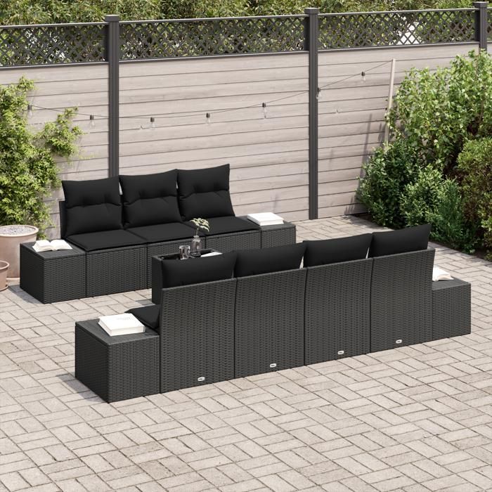 VidaXL Ensemble de Canapé de Jardin 8 Pièces avec Coussins Noir Poly Rattan 3346973